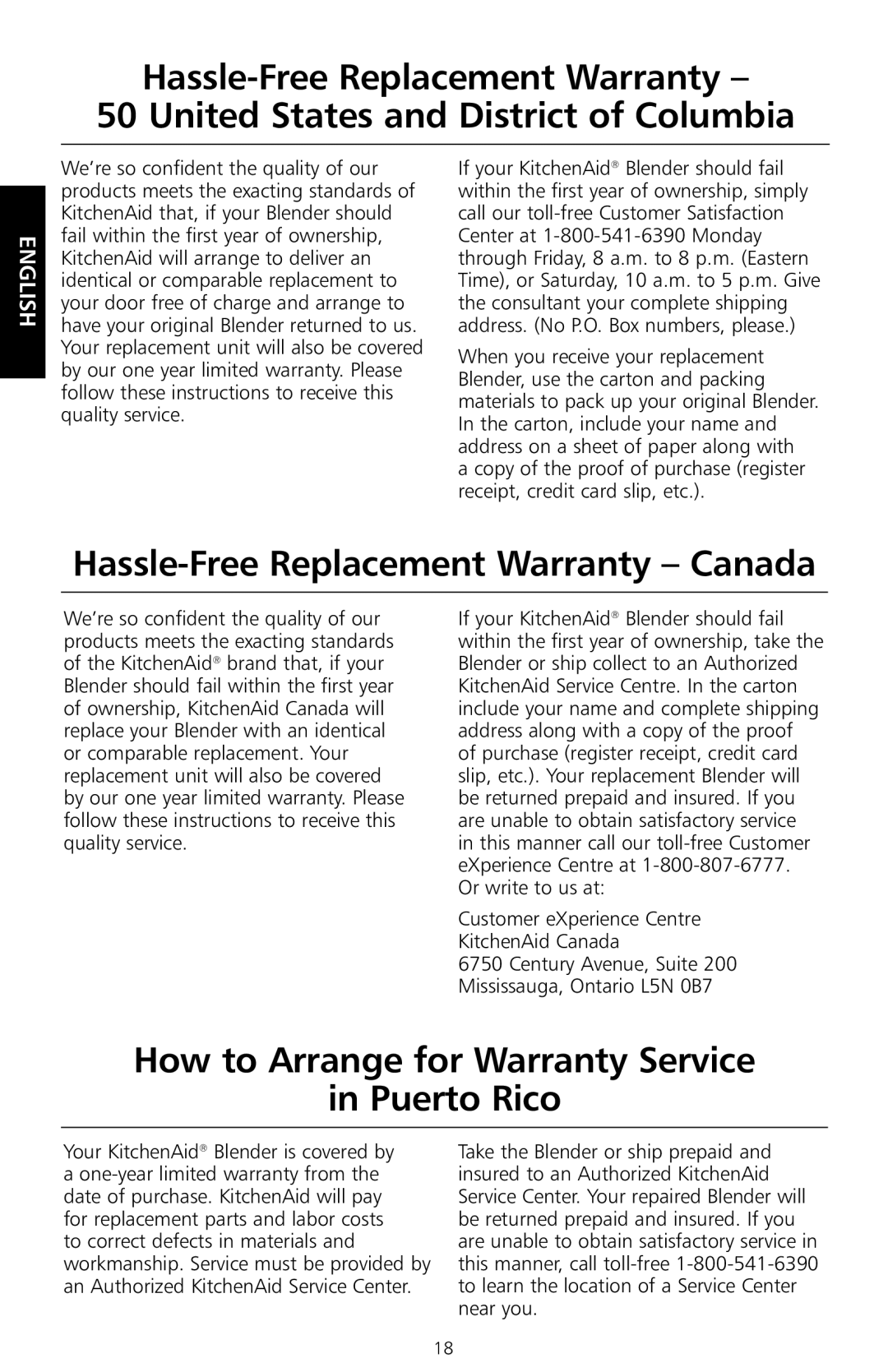 KitchenAid KSB755, KSB655 manual Hassle-free Replacement Warranty canada, How to Arrange for Warranty service Puerto Rico 