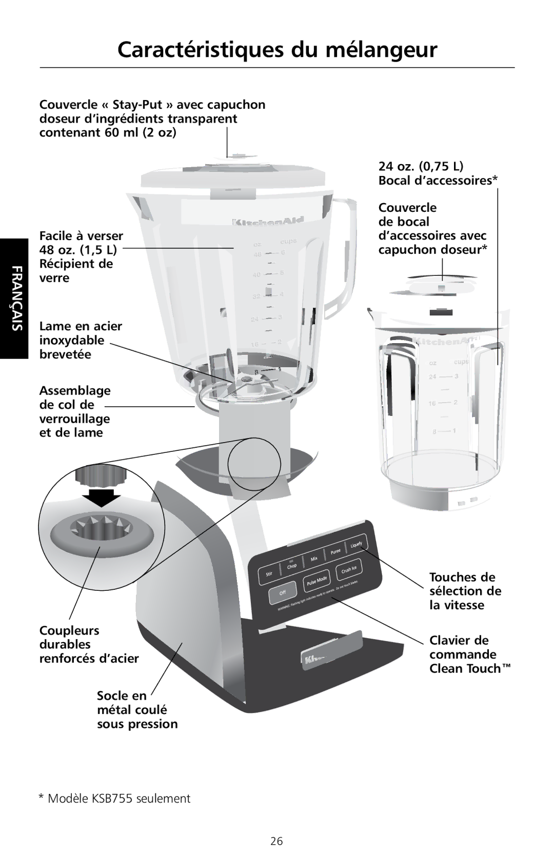 KitchenAid KSB755, KSB655 manual Caractéristiques du mélangeur 