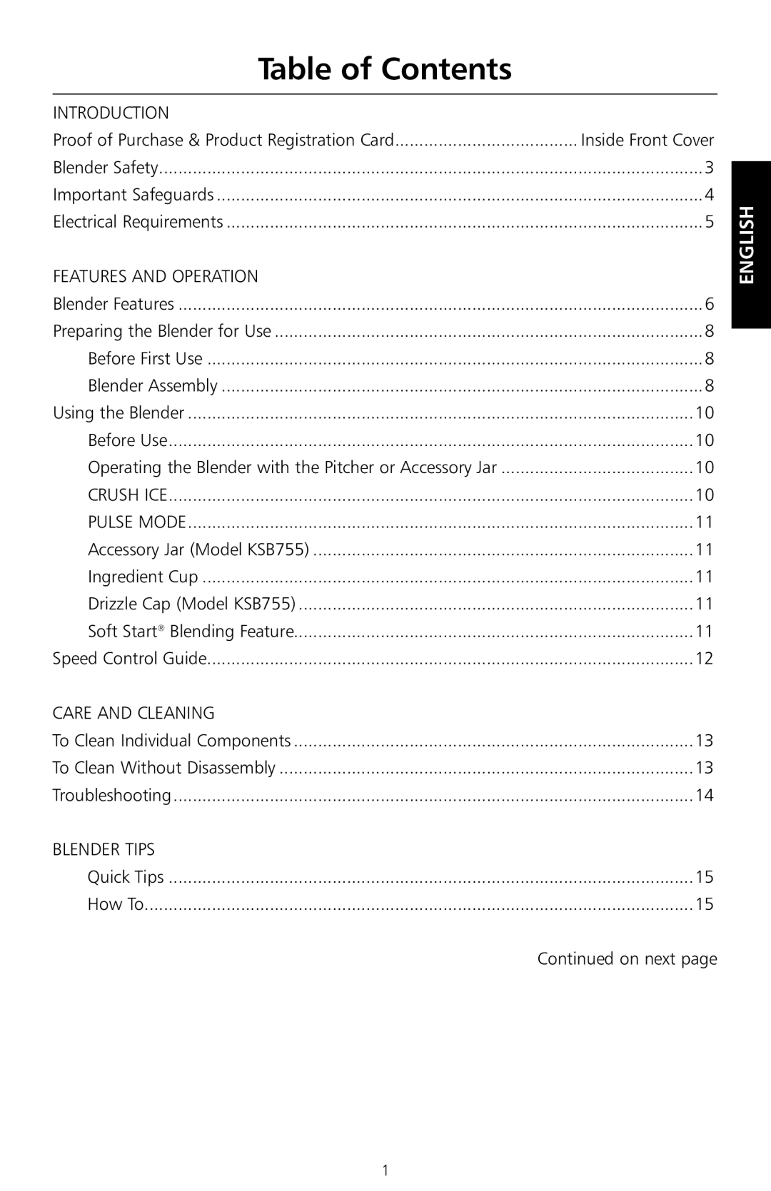 KitchenAid KSB655, KSB755 manual Table of contents 