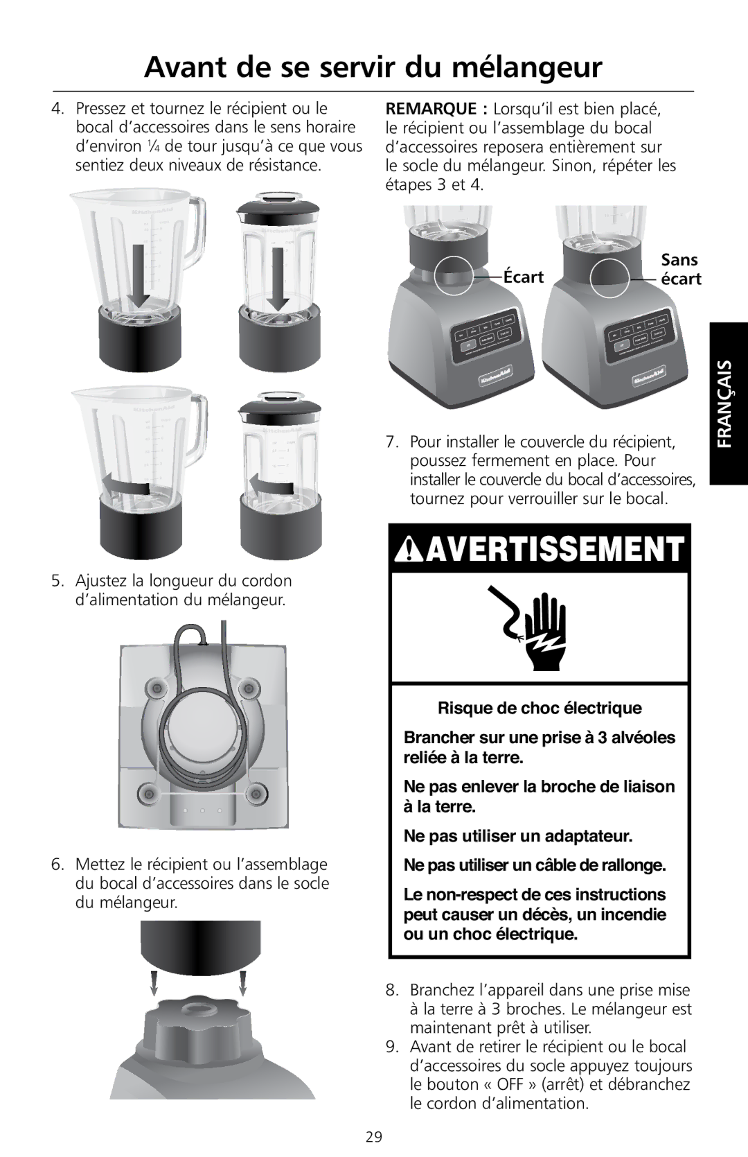 KitchenAid KSB655, KSB755 manual Sans, Pour installer le couvercle du récipient, Poussez fermement en place. Pour 