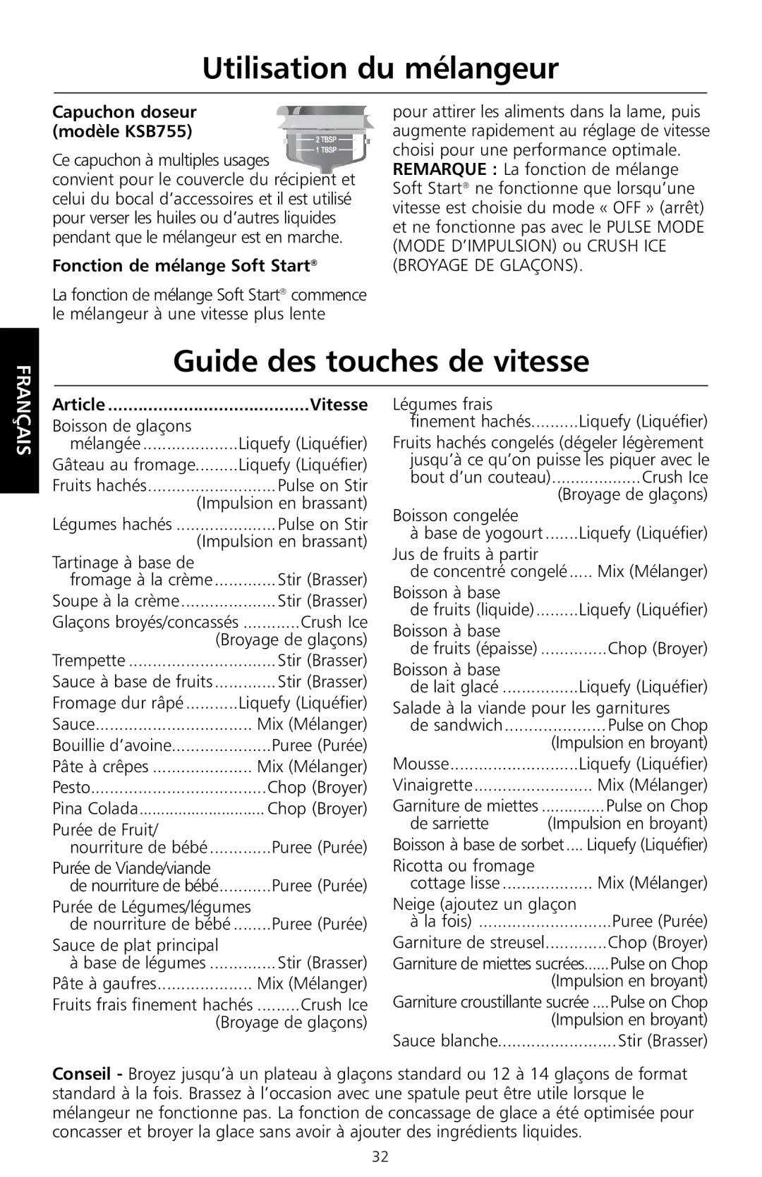 KitchenAid KSB755, KSB655 manual Guide des touches de vitesse, Capuchon doseur modèle KsB755 