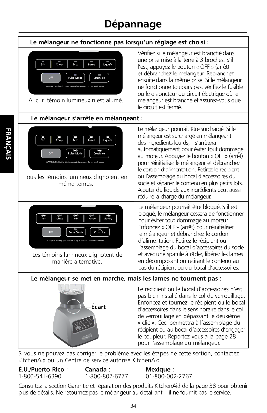 KitchenAid KSB755 manual Dépannage, Le mélangeur ne fonctionne pas lorsqu’un réglage est choisi, Puerto Rico Canada Mexique 