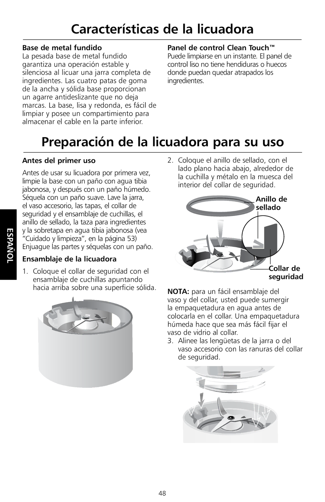 KitchenAid KSB755, KSB655 manual Preparación de la licuadora para su uso, Antes del primer uso, Ensamblaje de la licuadora 