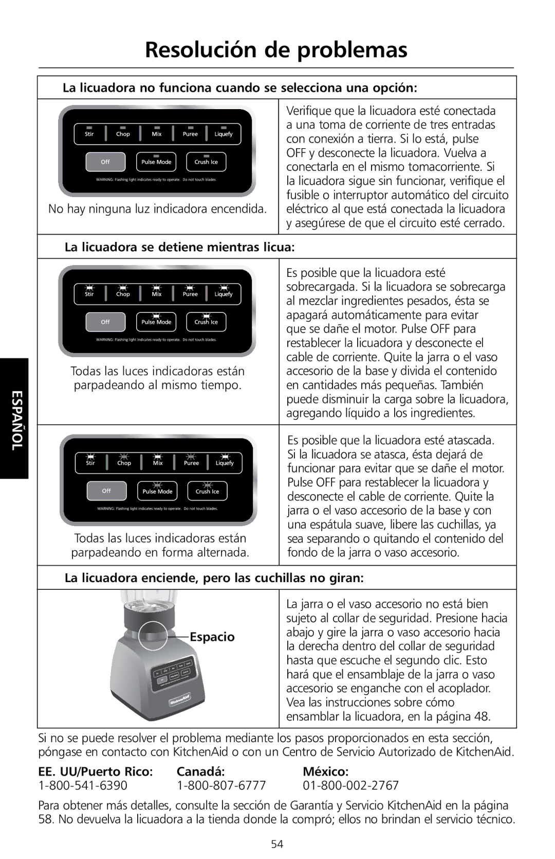 KitchenAid KSB755, KSB655 manual Resolución de problemas, La licuadora no funciona cuando se selecciona una opción 