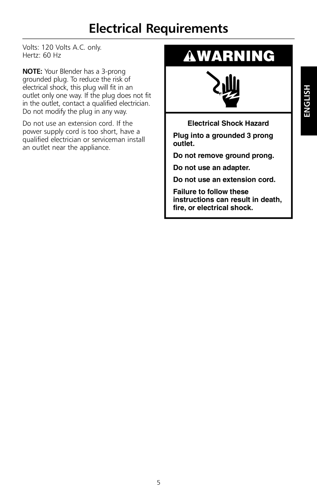 KitchenAid KSB655, KSB755 manual Electrical Requirements 