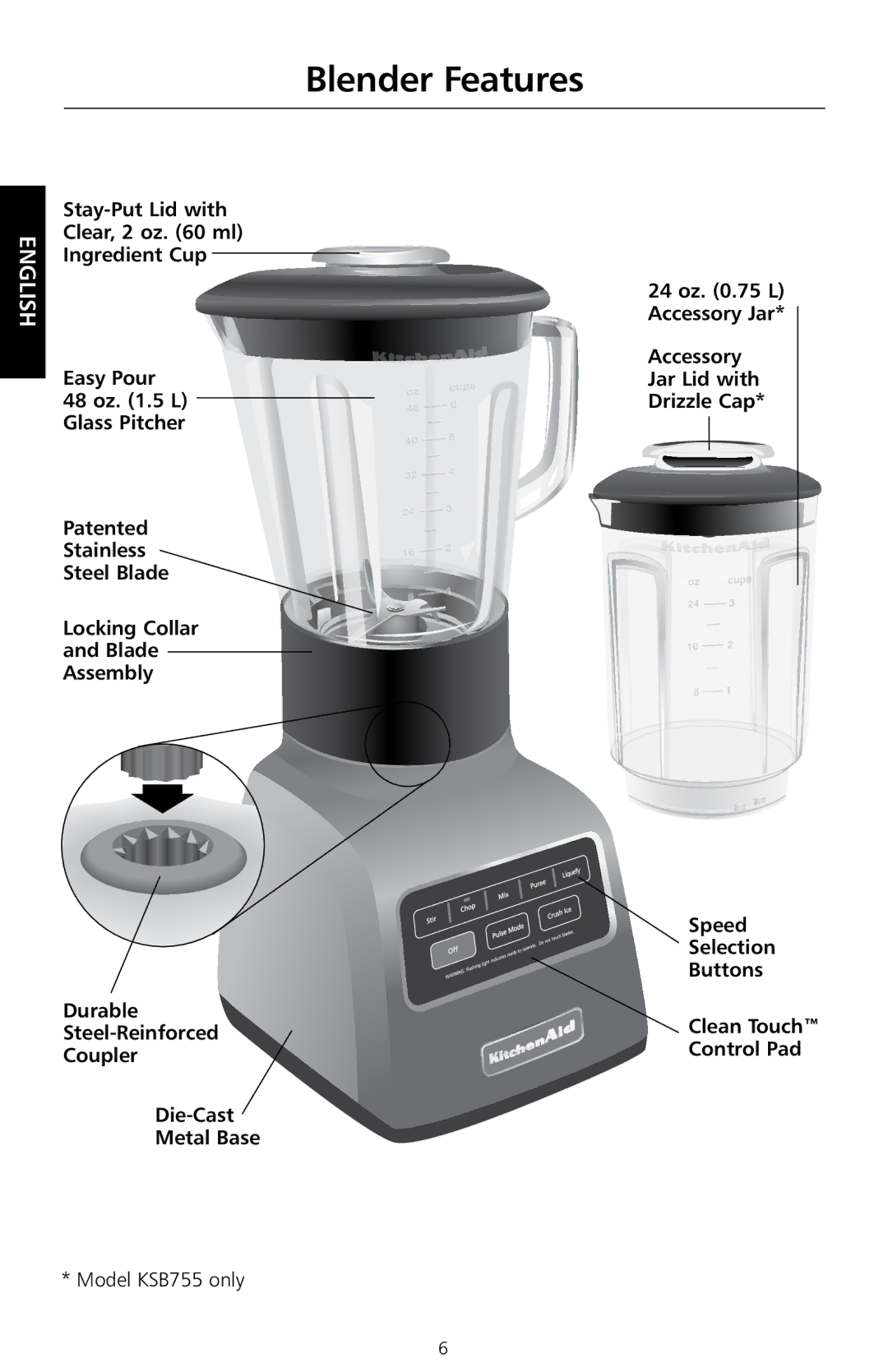 KitchenAid KSB755, KSB655 manual Blender features, Stay-Put Lid with, Durable steel-Reinforced coupler Die-cast Metal Base 