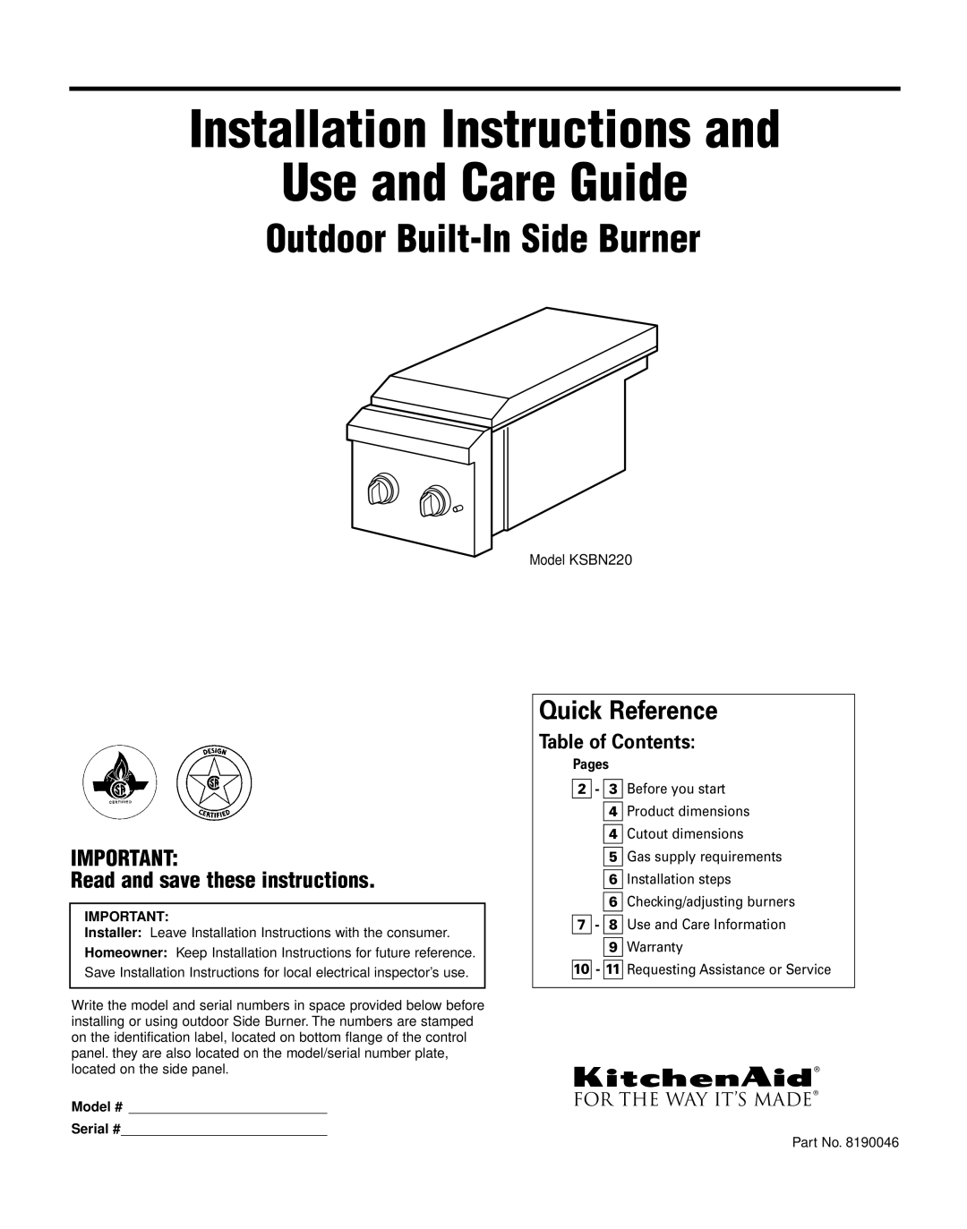 KitchenAid KSBN220 installation instructions Installation Instructions Use and Care Guide 