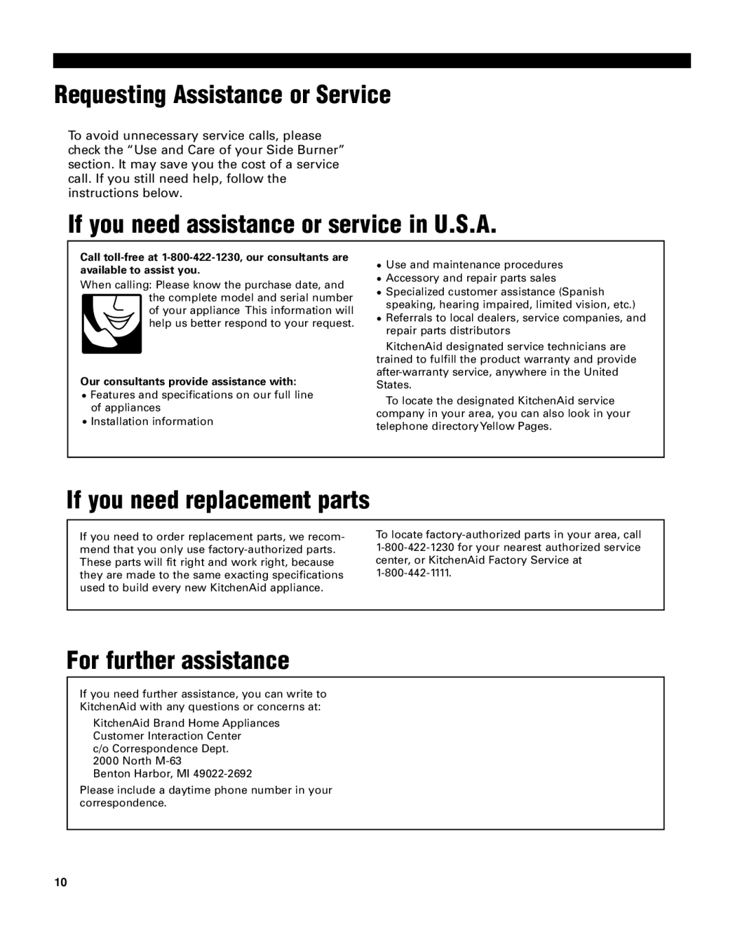 KitchenAid KSBN220 Requesting Assistance or Service, If you need assistance or service in U.S.A, For further assistance 