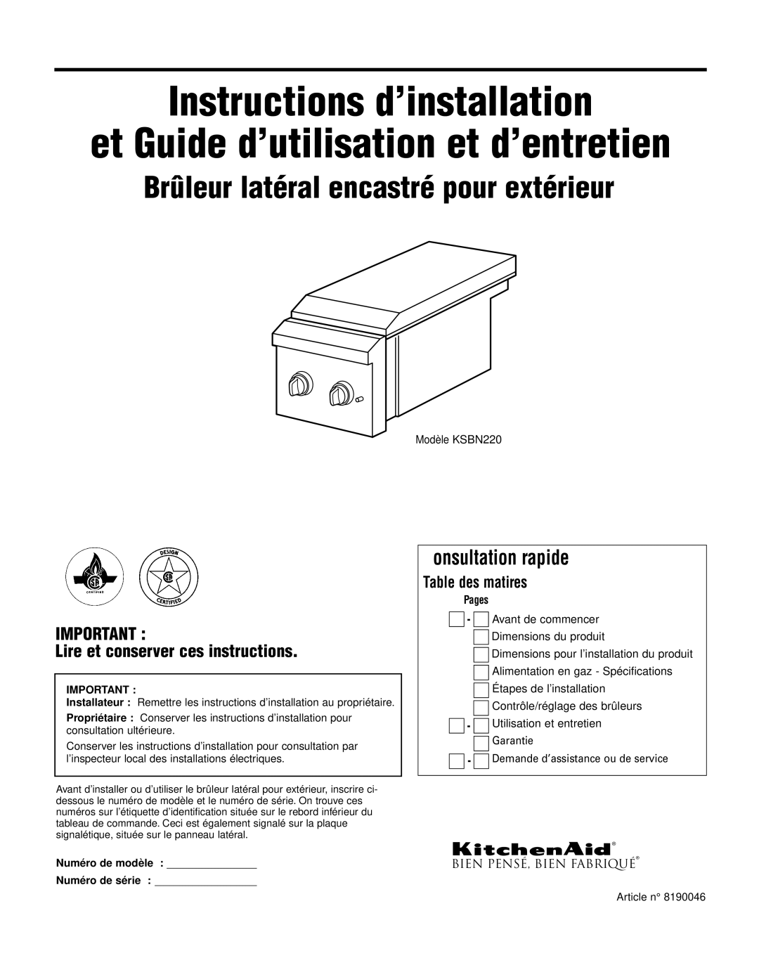 KitchenAid KSBN220 installation instructions Lire et conserver ces instructions, Numéro de modèle Numéro de série 