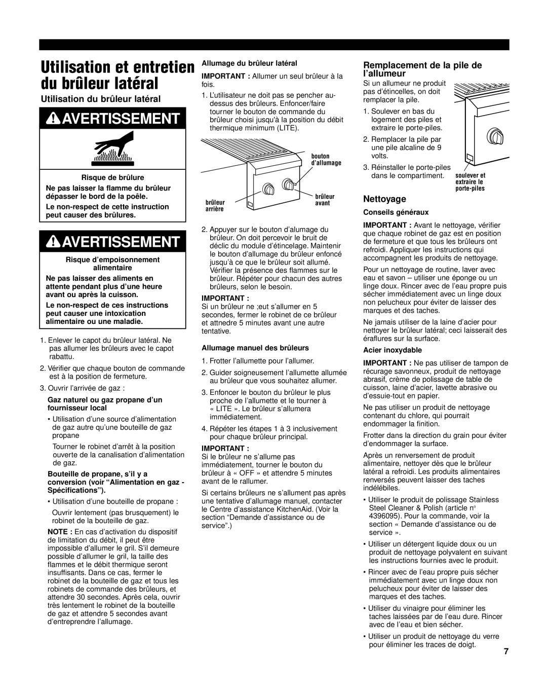 KitchenAid KSBN220 Gaz naturel ou gaz propane d’un fournisseur local, Allumage du brûleur latéral, Conseils généraux 