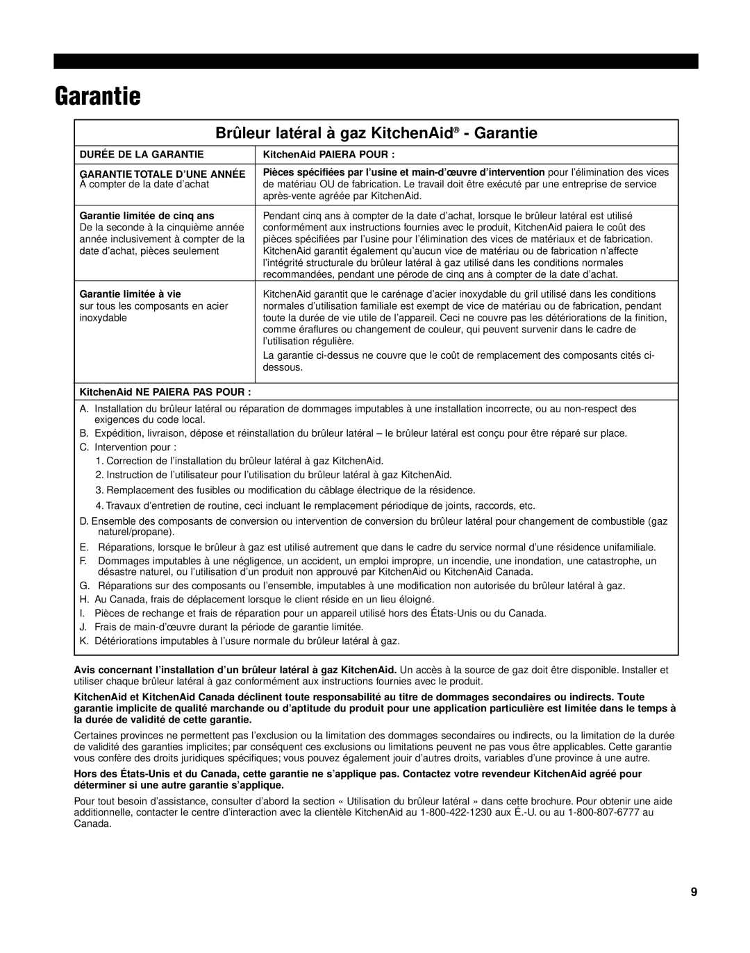 KitchenAid KSBN220 installation instructions Brûleur latéral à gaz KitchenAid Garantie 