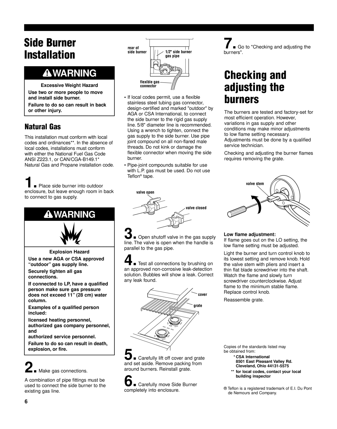 KitchenAid KSBN220 installation instructions Side Burner Installation, Natural Gas, Explosion Hazard, Low flame adjustment 