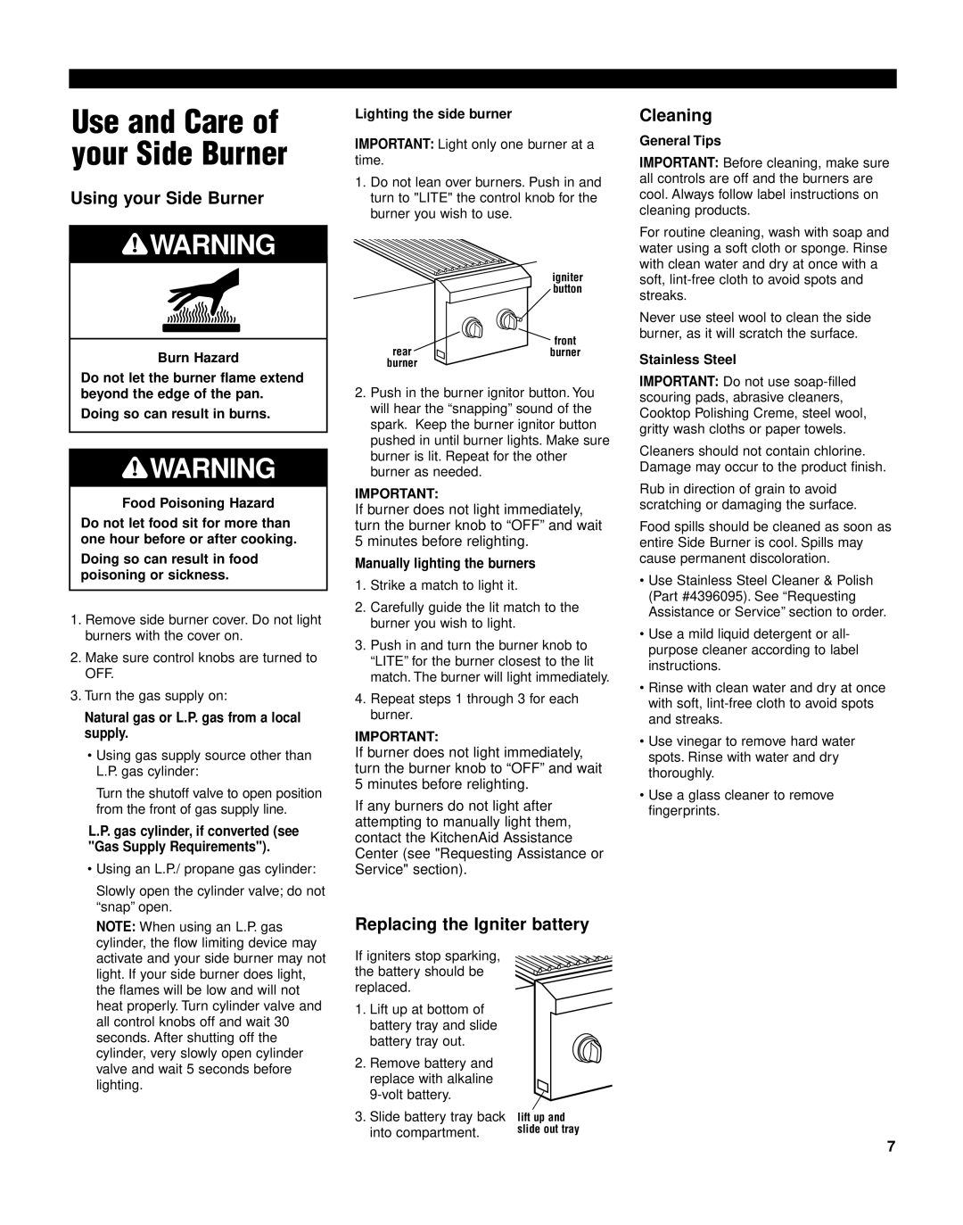 KitchenAid KSBN220 Burn Hazard, Doing so can result in burns Food Poisoning Hazard, Lighting the side burner, General Tips 