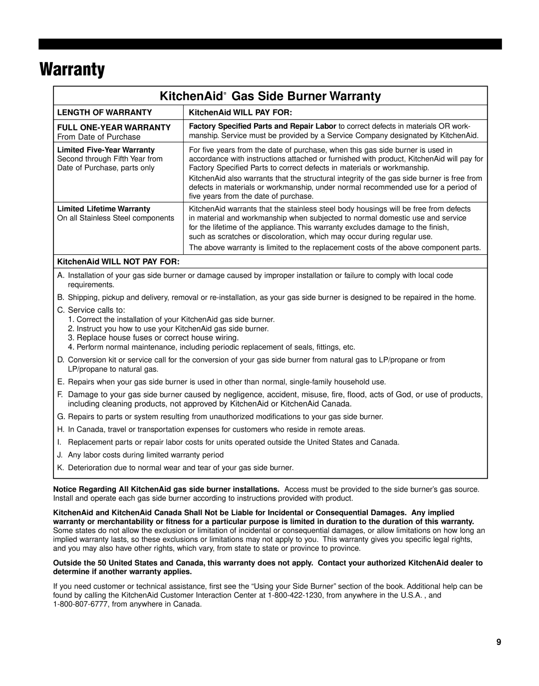 KitchenAid KSBN220 installation instructions KitchenAid Gas Side Burner Warranty 