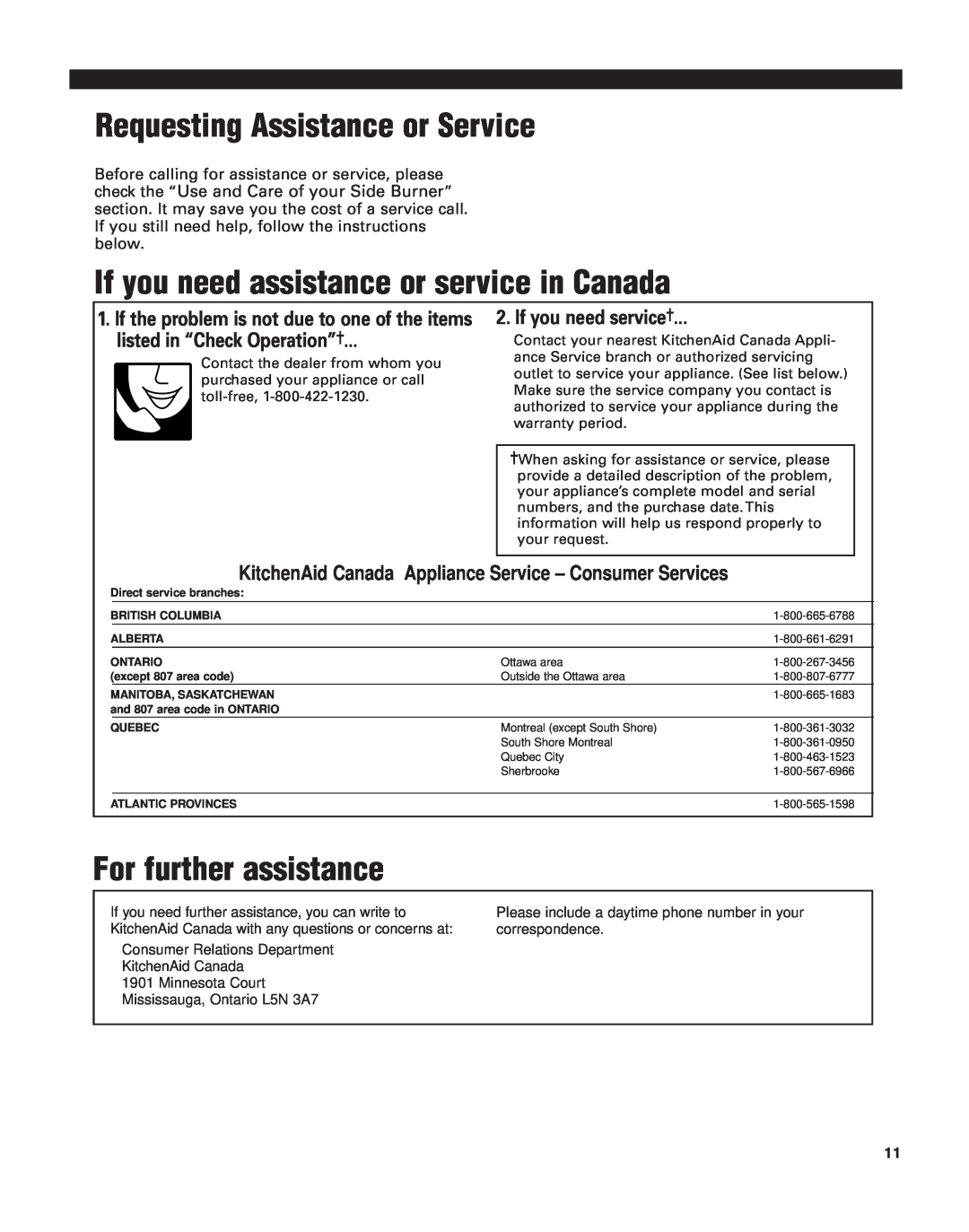 KitchenAid KSBN220 If you need assistance or service in Canada, listed in “Check Operation”, If you need service 