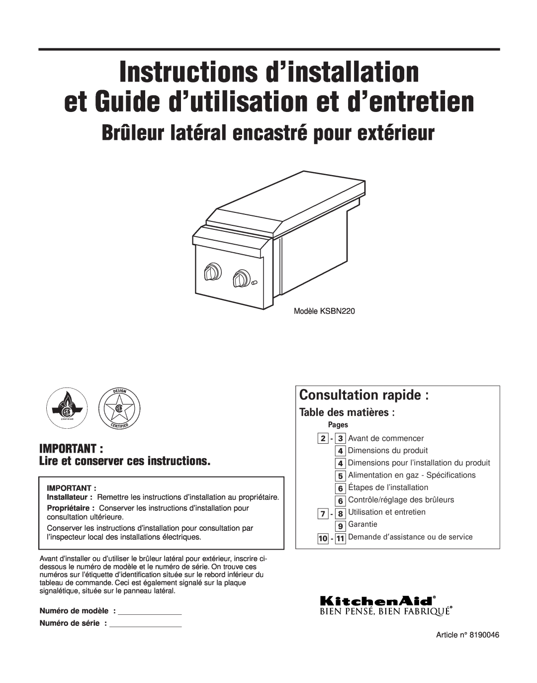 KitchenAid KSBN220 Instructions d’installation, Brûleur latéral encastré pour extérieur, Consultation rapide, Pages 