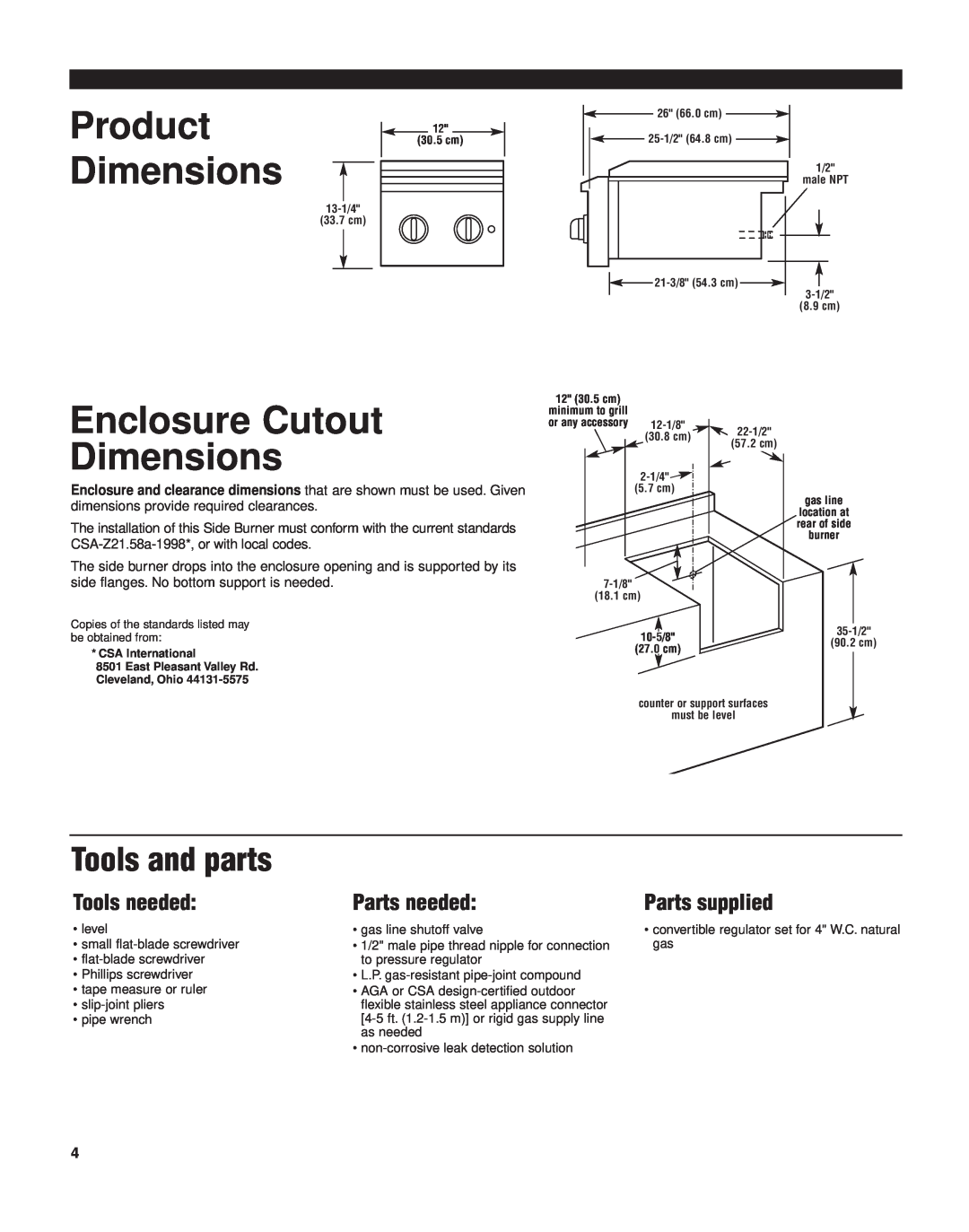 KitchenAid KSBN220 Product Dimensions, Enclosure Cutout Dimensions, Tools and parts, Tools needed, Parts needed 