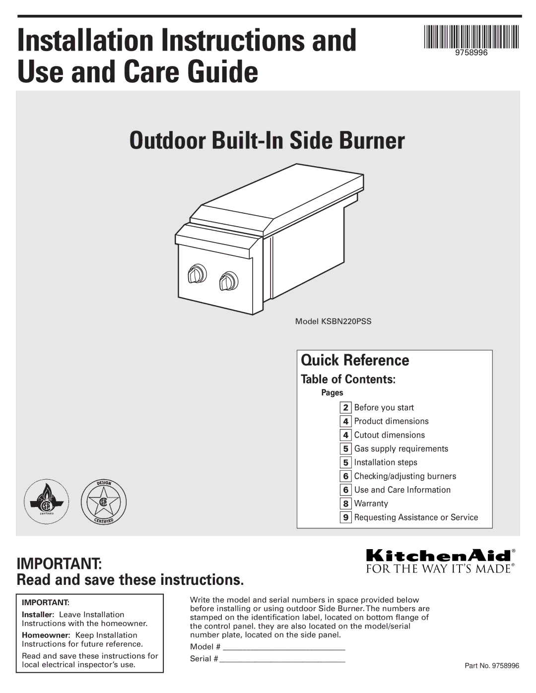 KitchenAid KSBN220PSS installation instructions Use and Care Guide, Table of Contents 