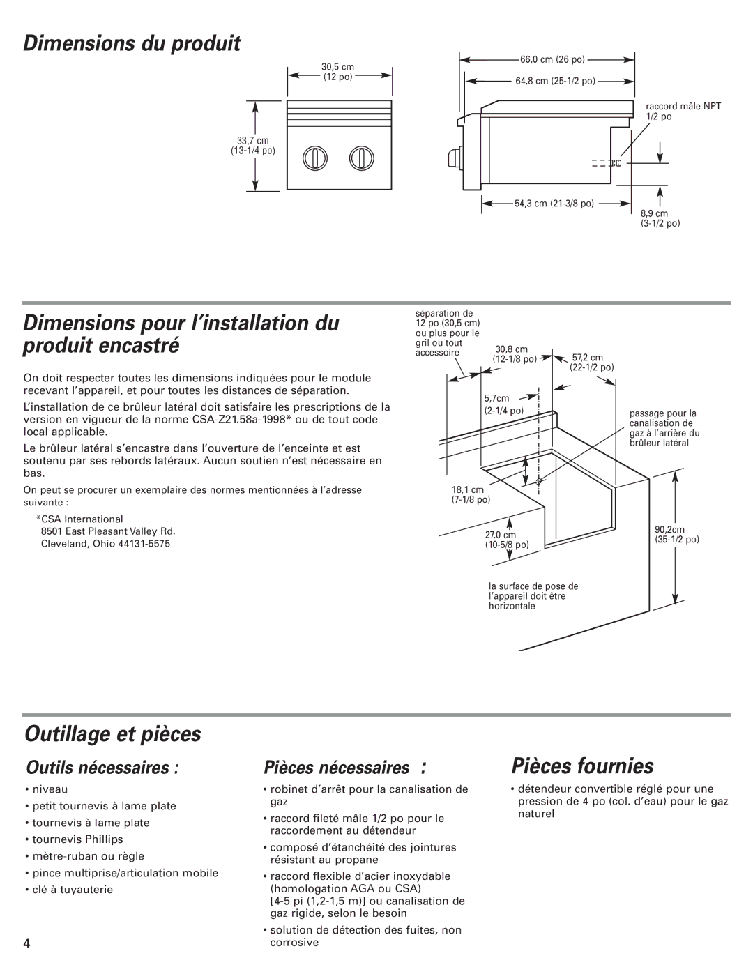 KitchenAid KSBN220PSS Dimensions du produit, Dimensions pour l’installation du produit encastré, Outillage et pièces 