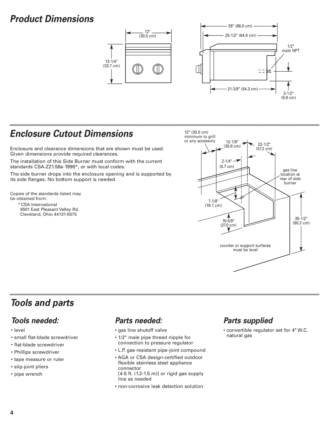 KitchenAid KSBN220PSS installation instructions Product Dimensions, Enclosure Cutout Dimensions, Tools and parts 