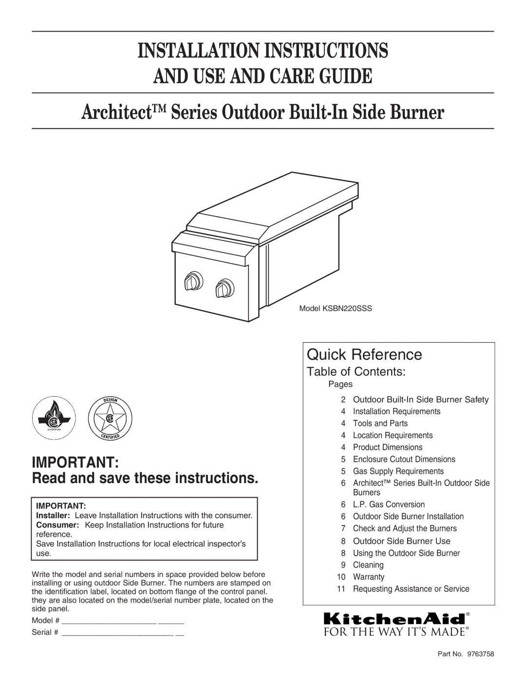 KitchenAid KSBN220SSS installation instructions Installation Instructions USE and Care Guide 