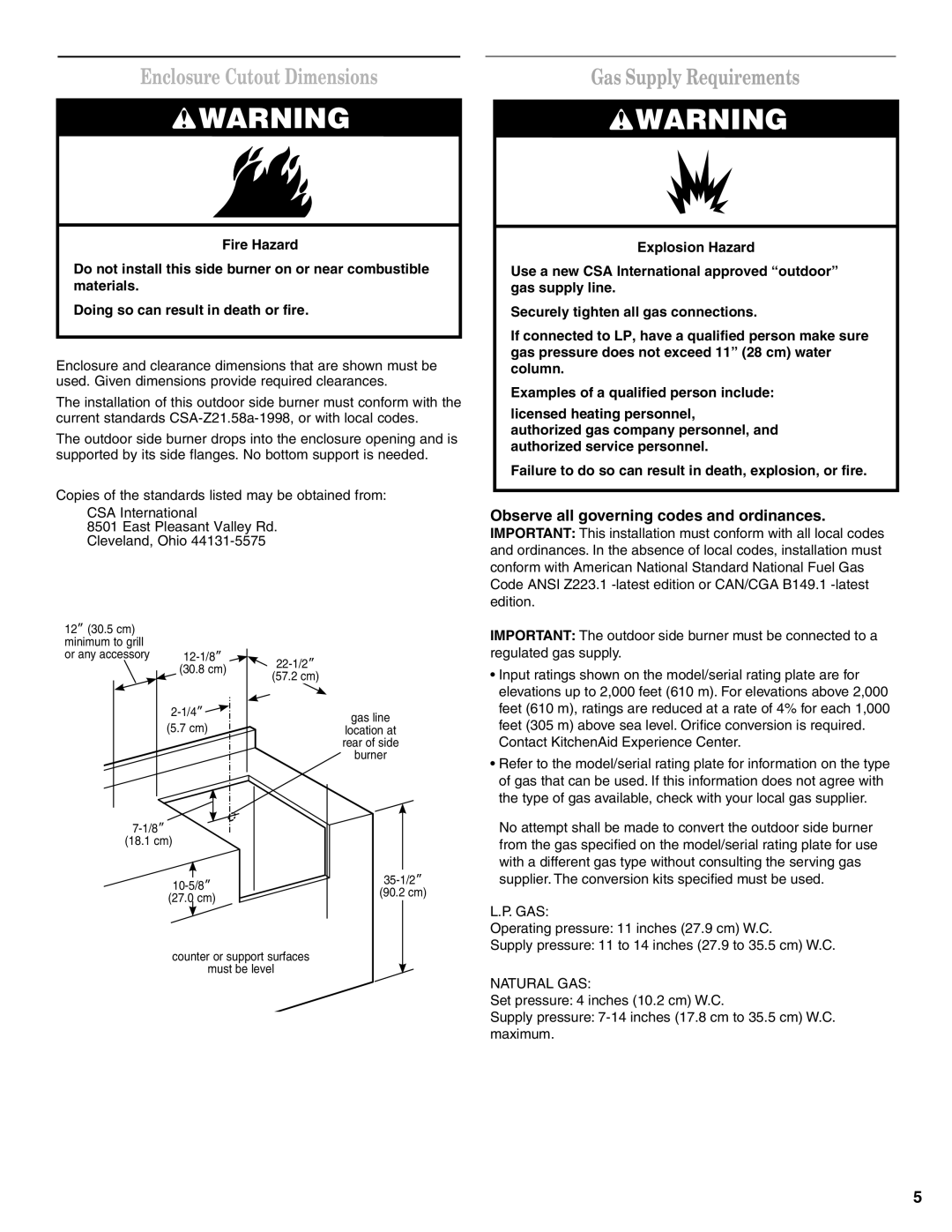 KitchenAid KSBN220SSS Enclosure Cutout Dimensions, Gas Supply Requirements, Observe all governing codes and ordinances 