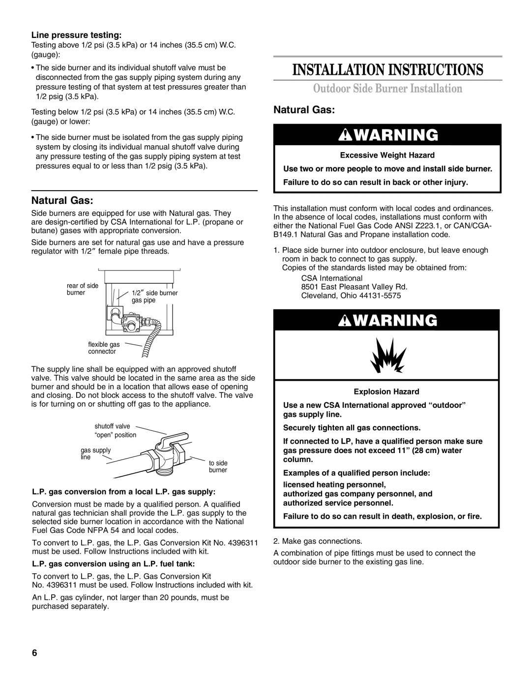 KitchenAid KSBN220SSS installation instructions Outdoor Side Burner Installation, Line pressure testing 