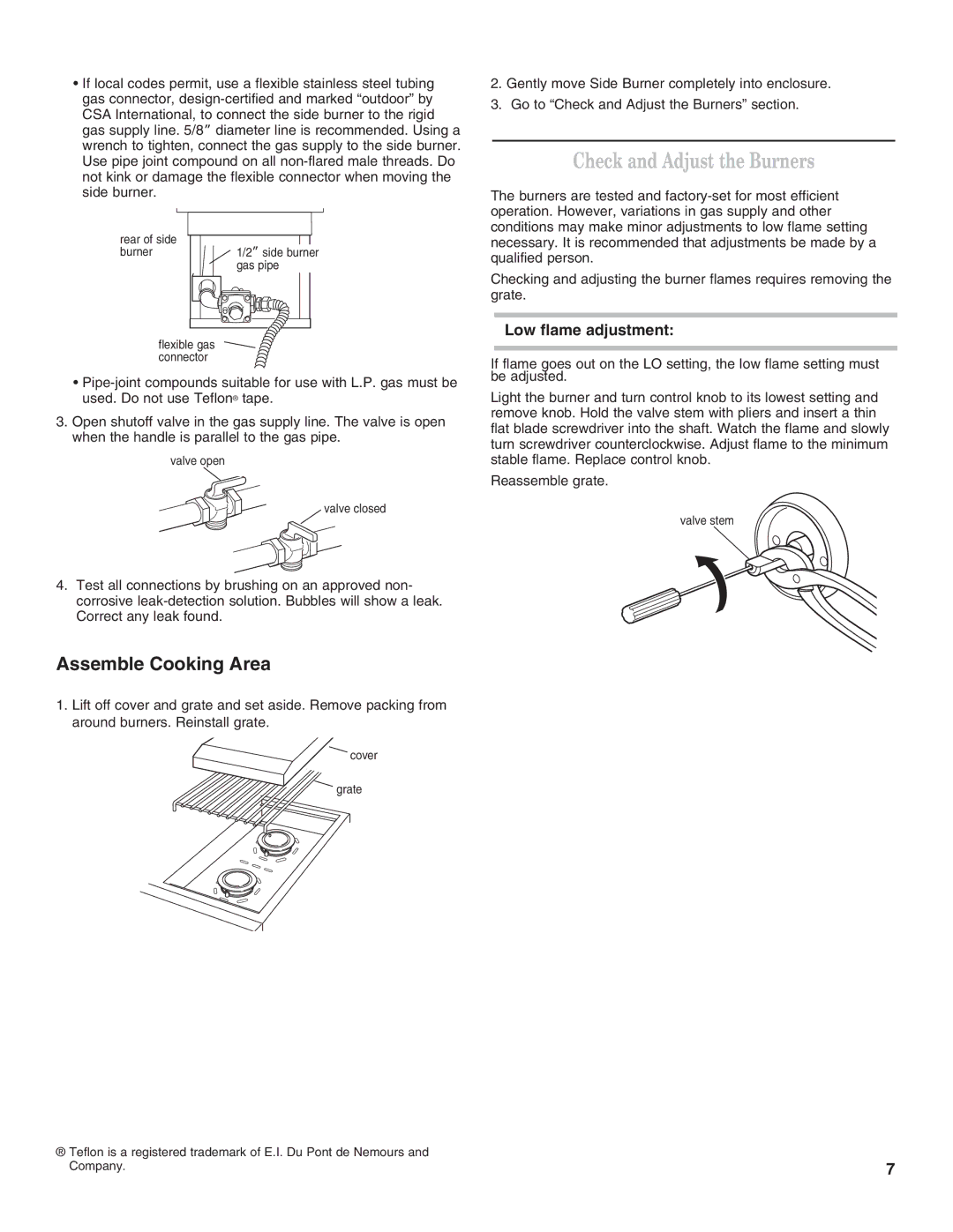 KitchenAid KSBN220SSS installation instructions Check and Adjust the Burners, Low flame adjustment 