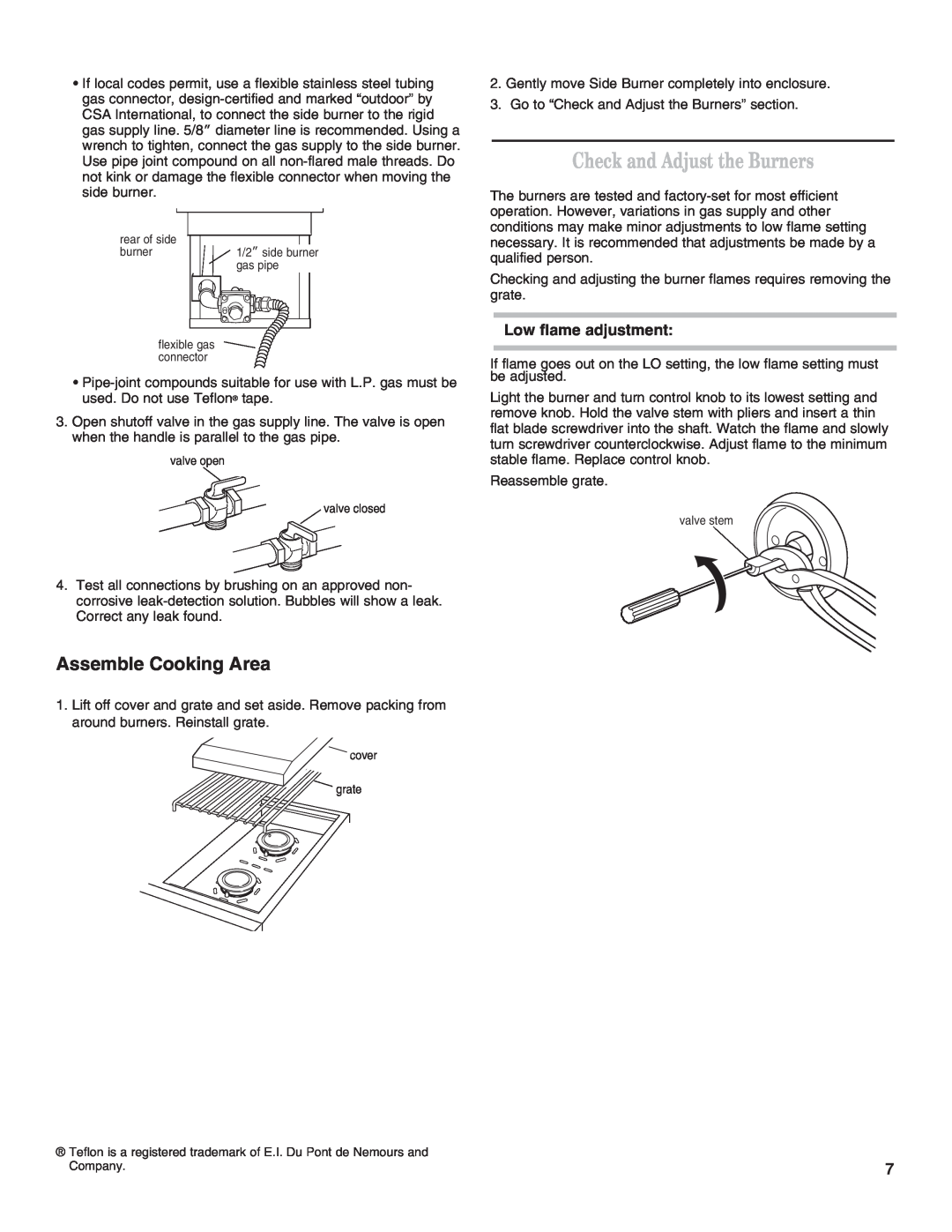 KitchenAid KSBN220SSS installation instructions Check and Adjust the Burners, Assemble Cooking Area, Low flame adjustment 
