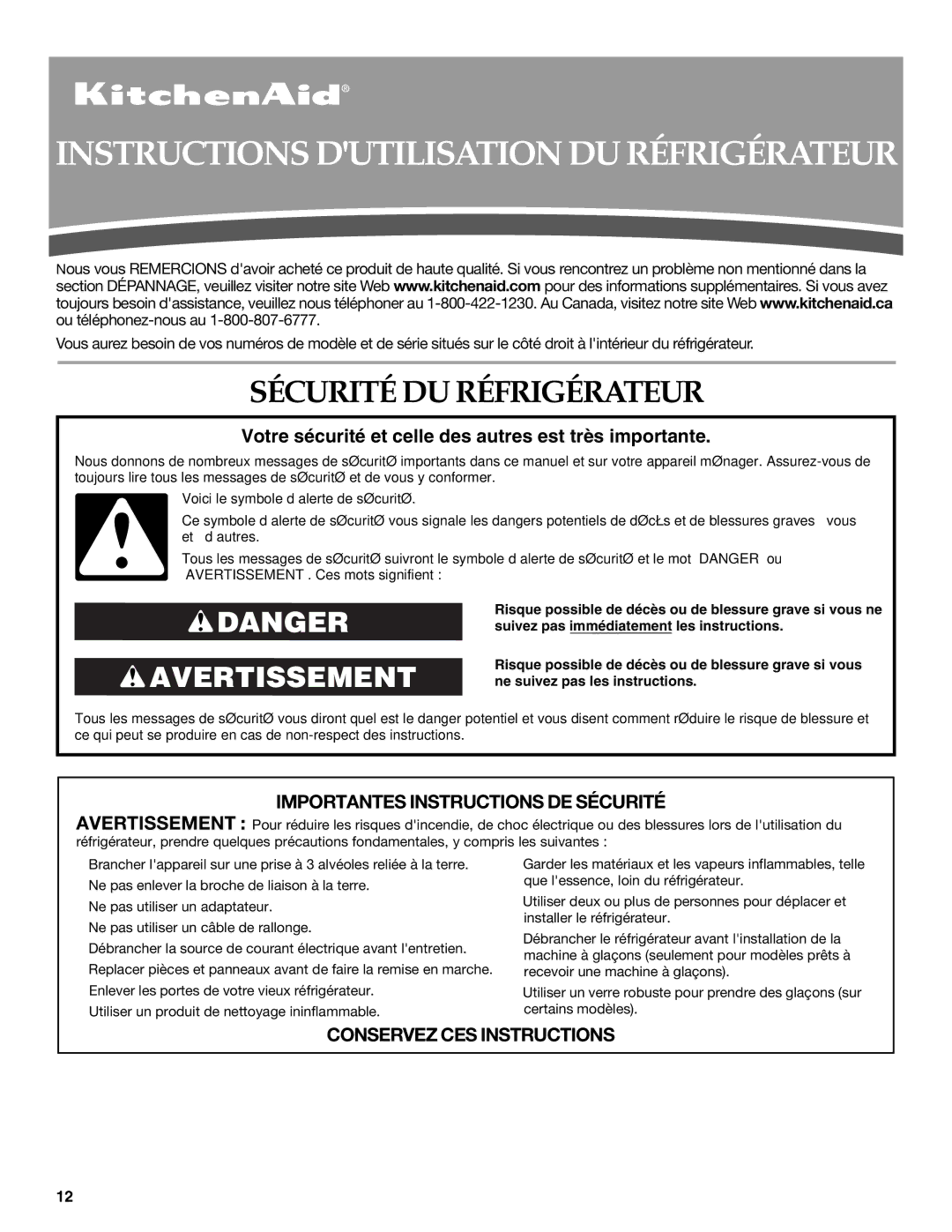 KitchenAid KSBS23INWH01, KSBP23INSS01, KSBP25INSS01 Instructions Dutilisation DU Réfrigérateur, Sécurité DU Réfrigérateur 