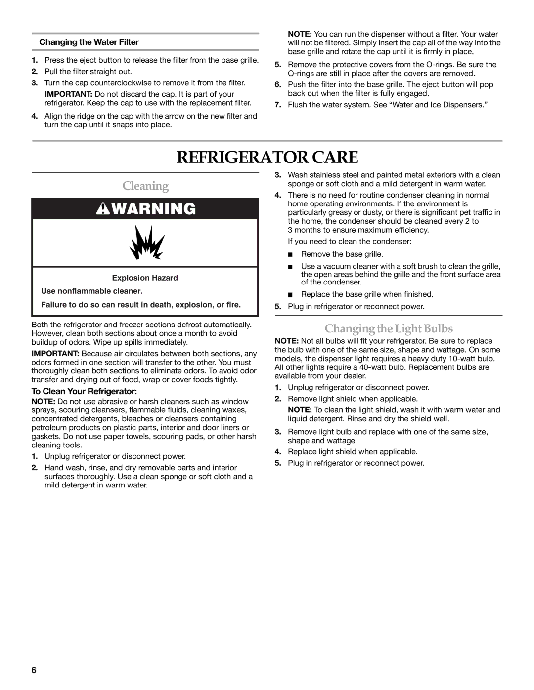 KitchenAid KSCS25INWH01, KSBP23INSS01 Refrigerator Care, Cleaning, Changing the Light Bulbs, Changing the Water Filter 