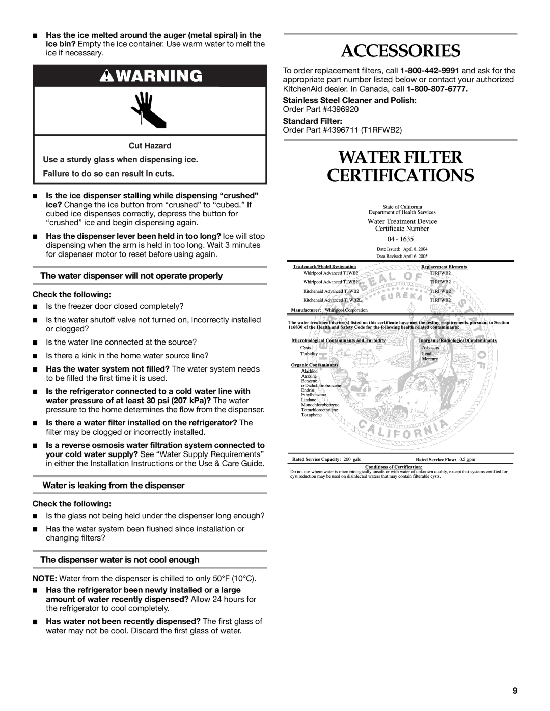 KitchenAid KSBS23INSS01, KSBP23INSS01 Accessories, Water Filter Certifications, Water dispenser will not operate properly 