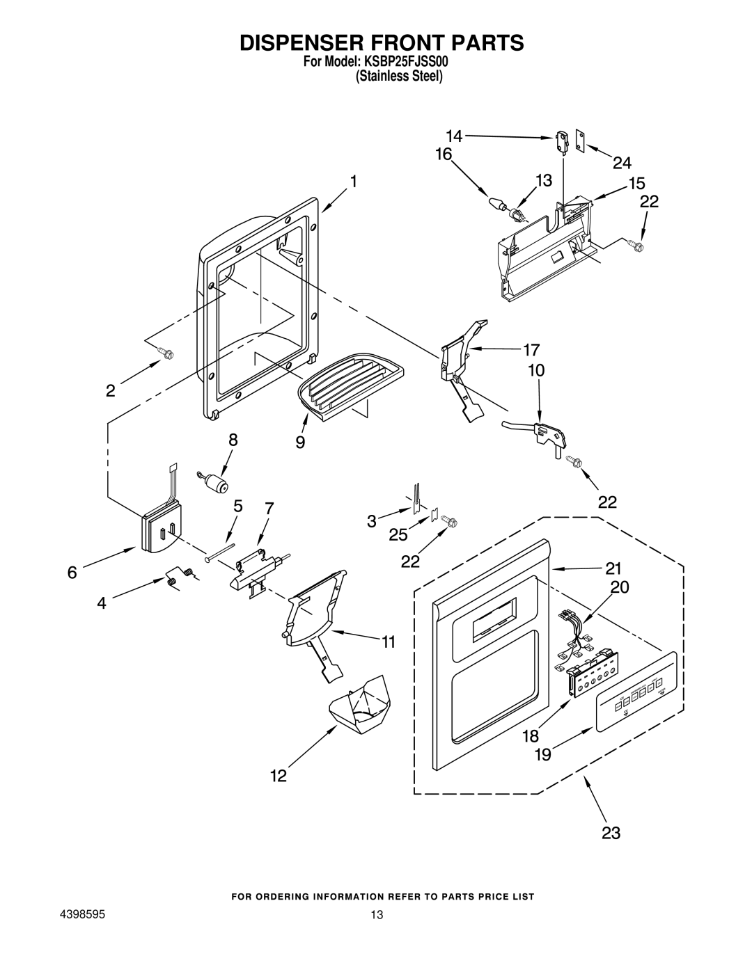 KitchenAid KSBP25FJSS00 manual Dispenser Front Parts 