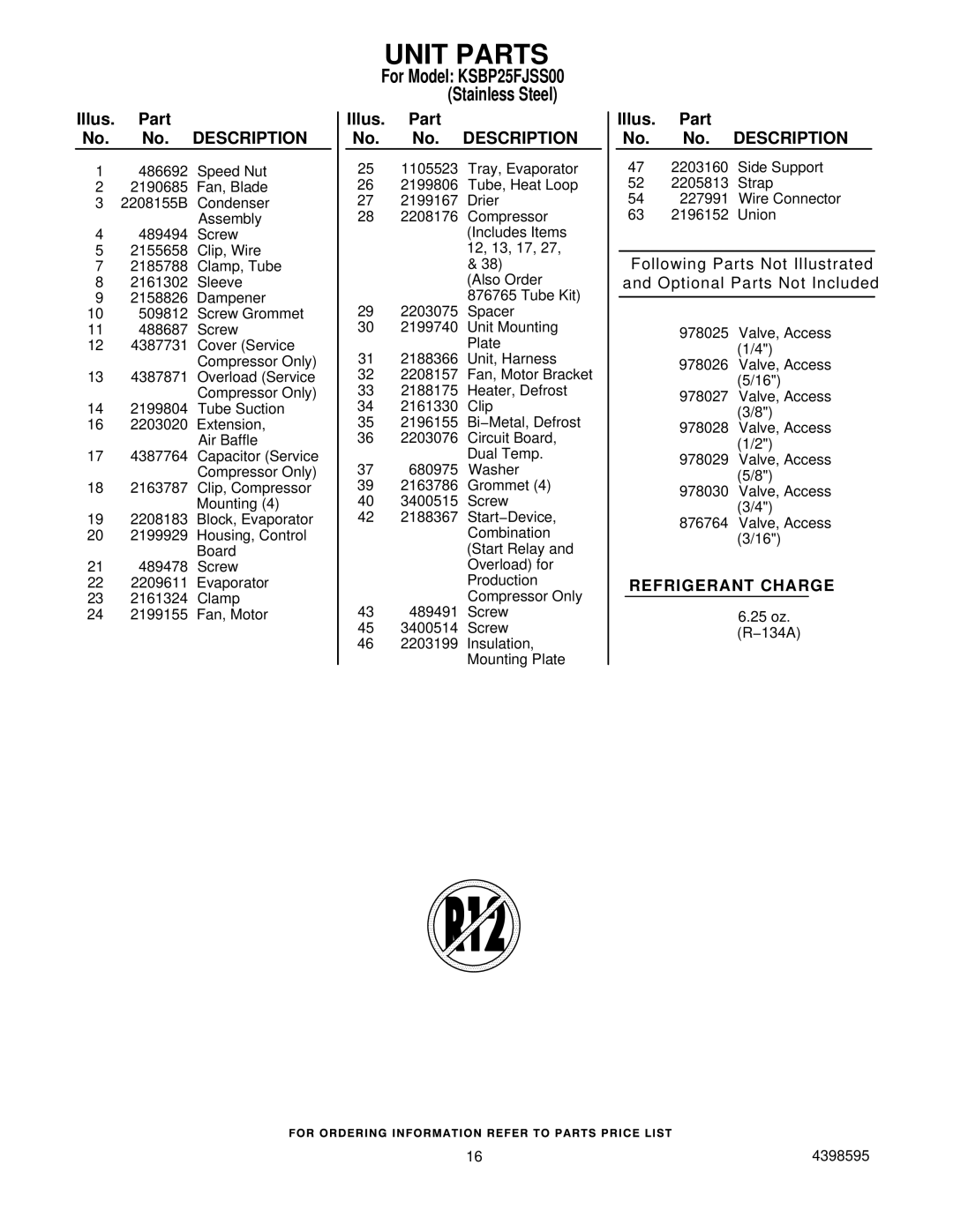 KitchenAid KSBP25FJSS00 manual Unit Parts 