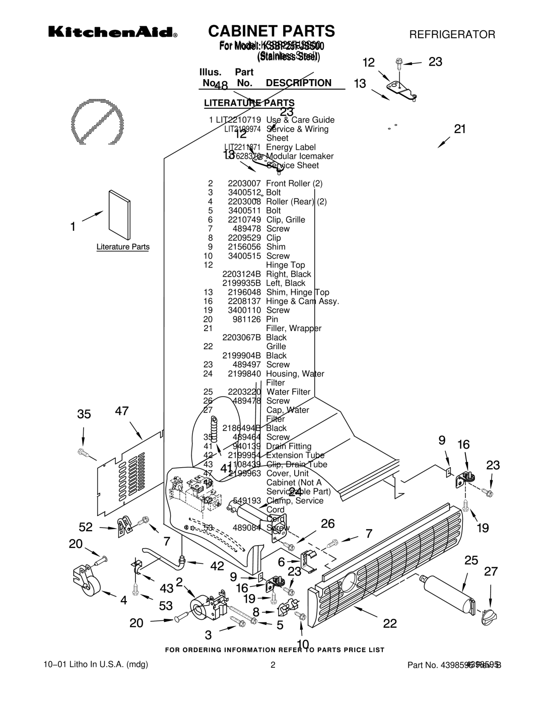 KitchenAid KSBP25FJSS00 manual Literature Parts 