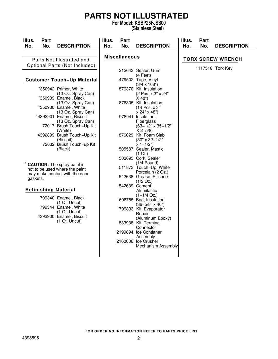 KitchenAid KSBP25FJSS00 manual Parts not Illustrated, Customer Touch−Up Material 