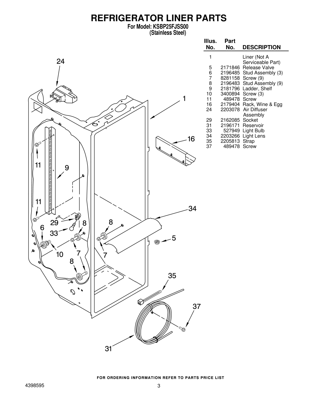 KitchenAid manual Refrigerator Liner Parts, For Model KSBP25FJSS00 Stainless Steel 