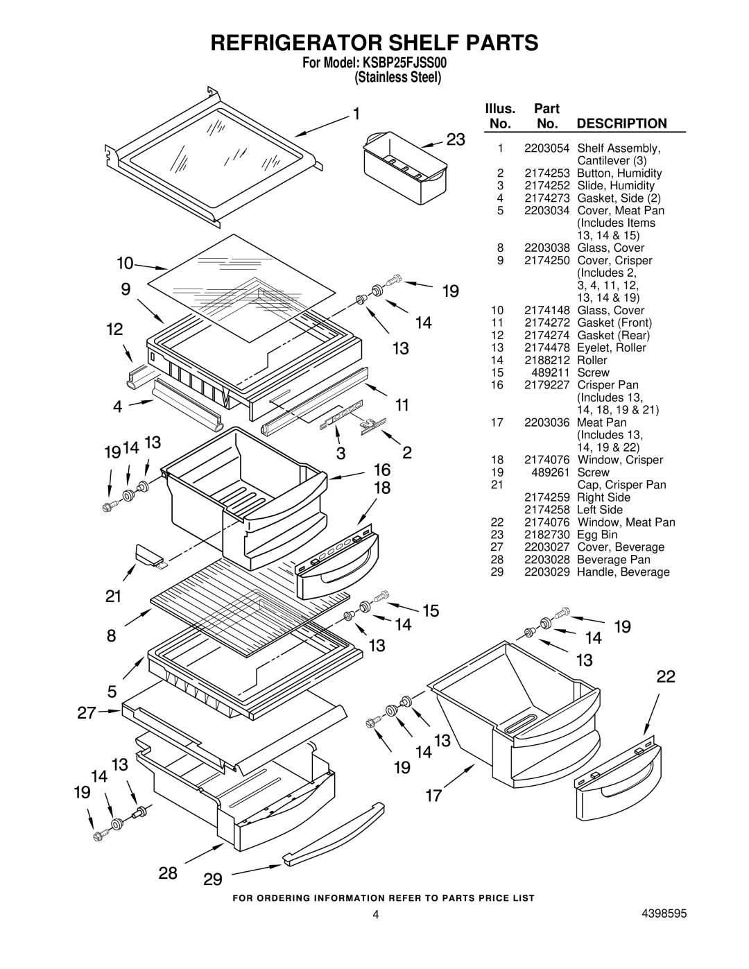 KitchenAid KSBP25FJSS00 manual Refrigerator Shelf Parts 