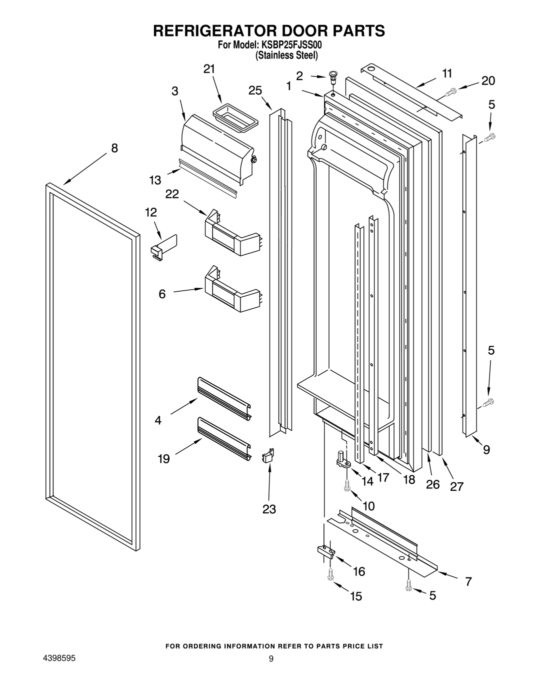 KitchenAid KSBP25FJSS00 manual Refrigerator Door Parts 