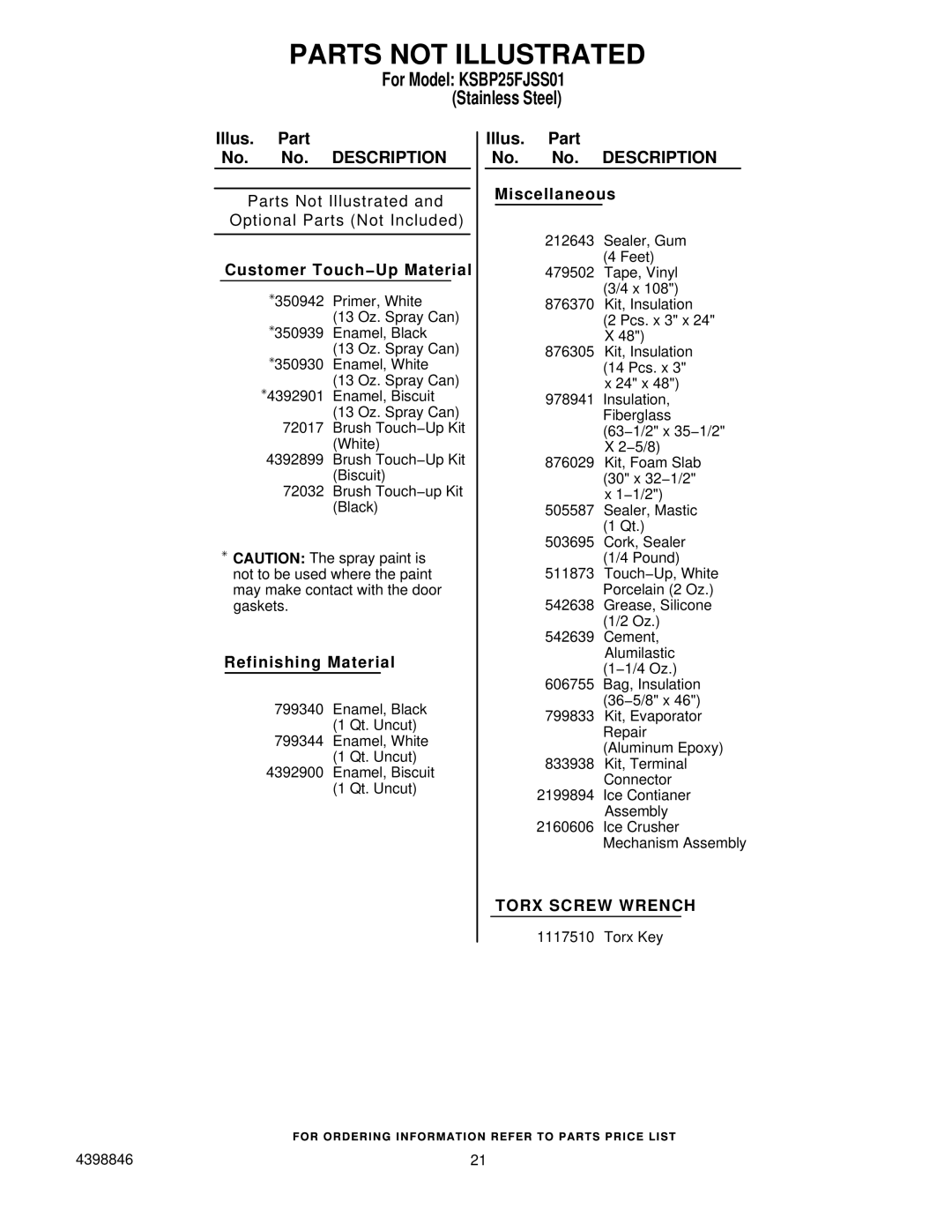 KitchenAid KSBP25FJSS01 manual Parts not Illustrated, Customer Touch−Up Material 