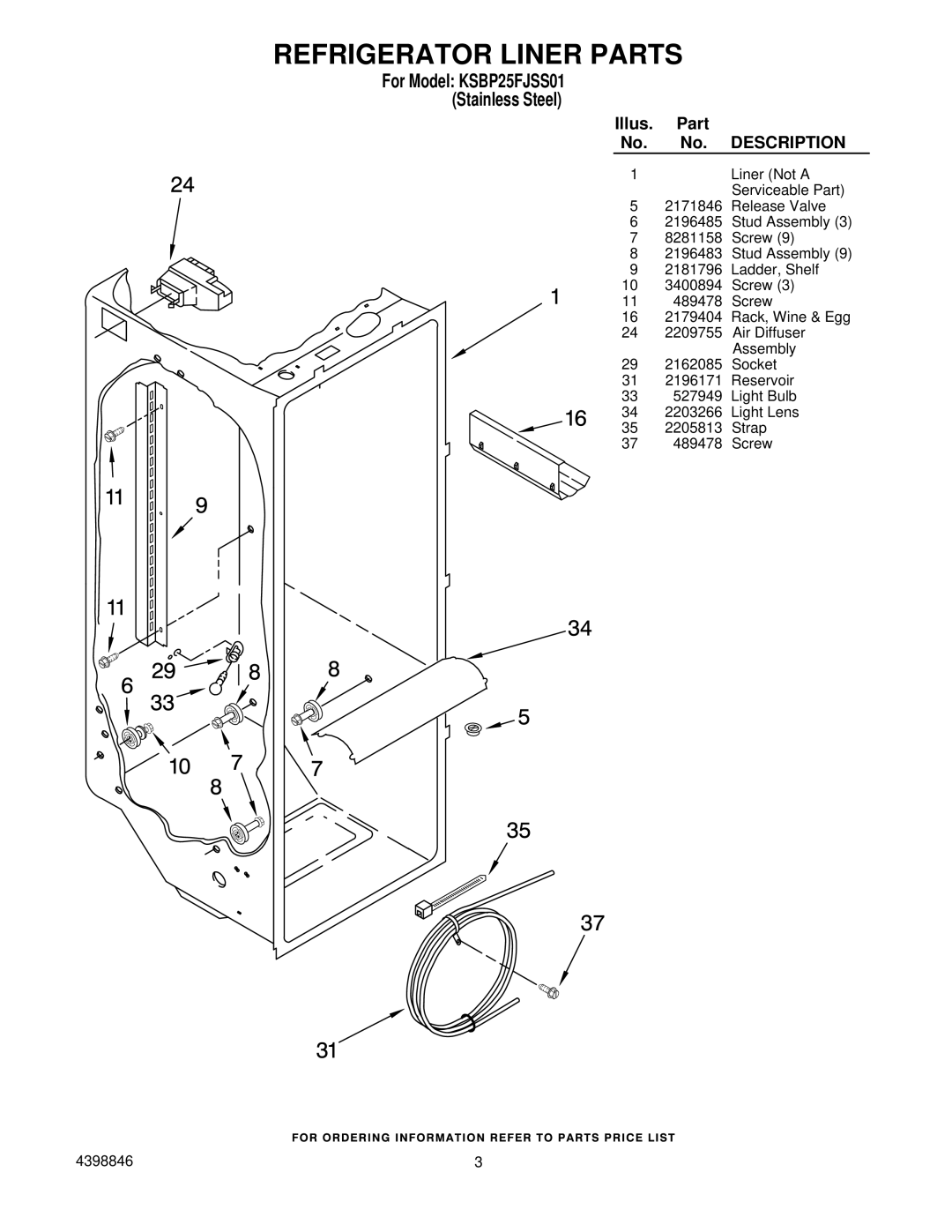 KitchenAid manual Refrigerator Liner Parts, For Model KSBP25FJSS01 Stainless Steel 