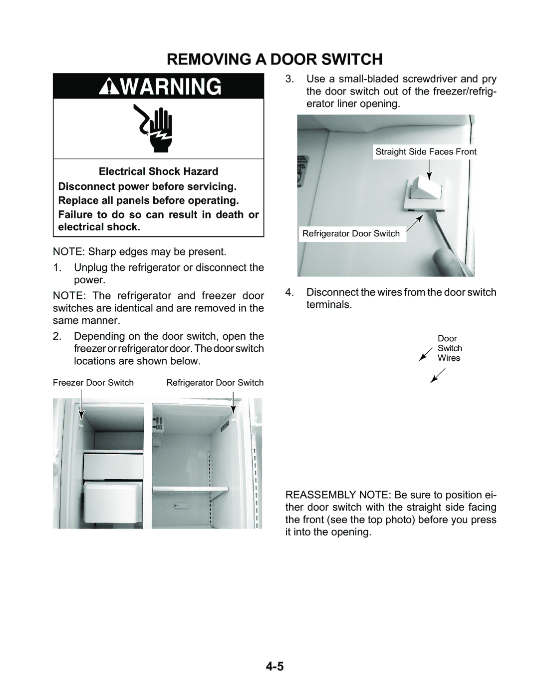 KitchenAid KSBS25FKWH00, KSBP25FKSS00, KSBS25FKBT00, KSBS25FKBL00, KSCS25FKSS00, KSFS25FKBL00 manual Removing a Door Switch 