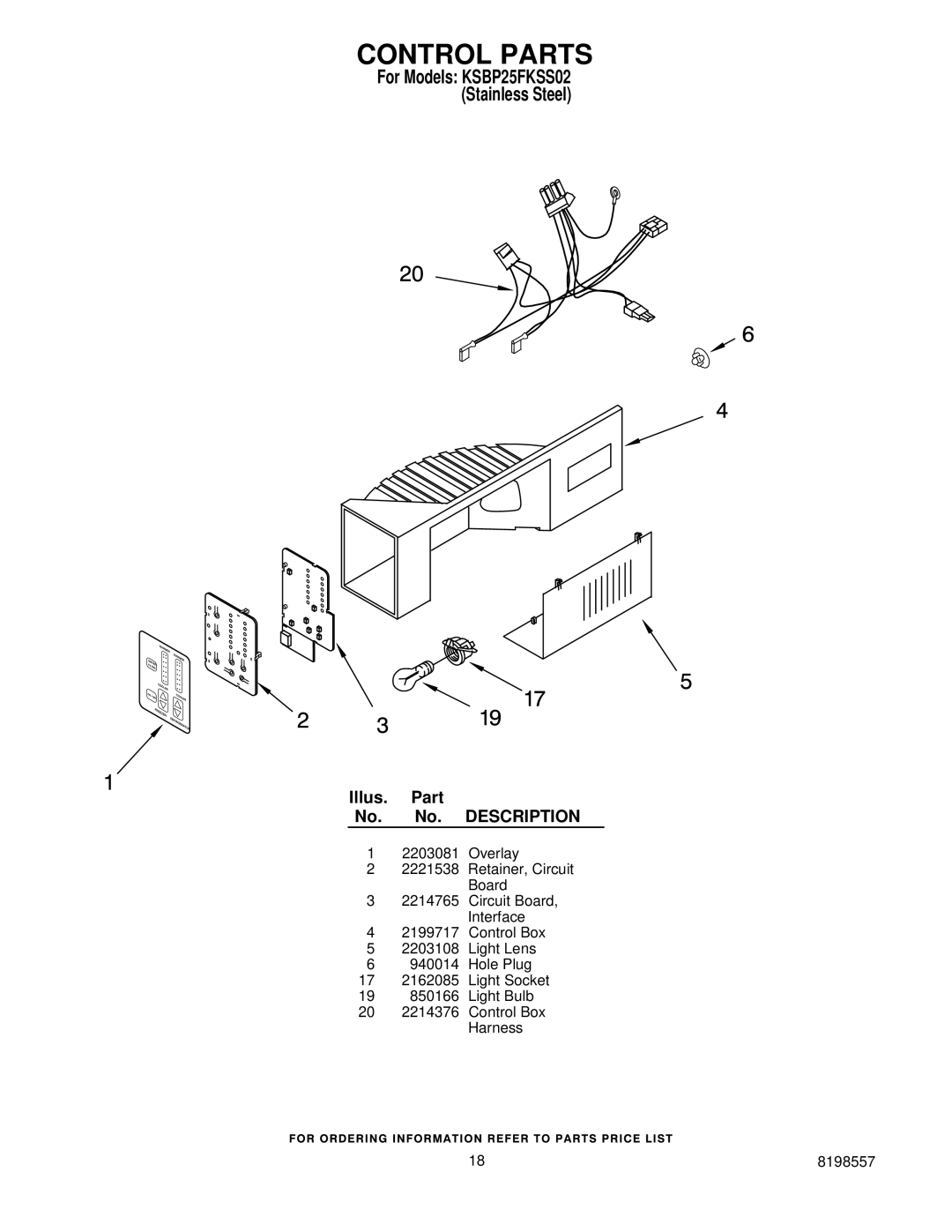 KitchenAid KSBP25FKSS02 manual Control Parts 