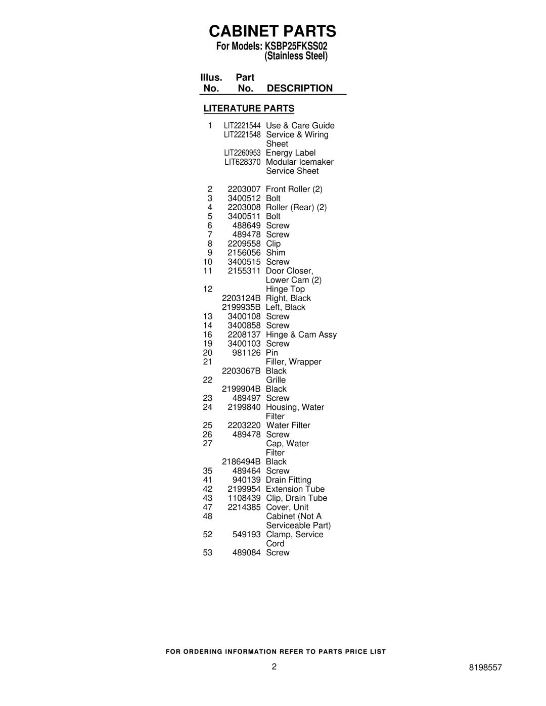 KitchenAid KSBP25FKSS02 manual Literature Parts 