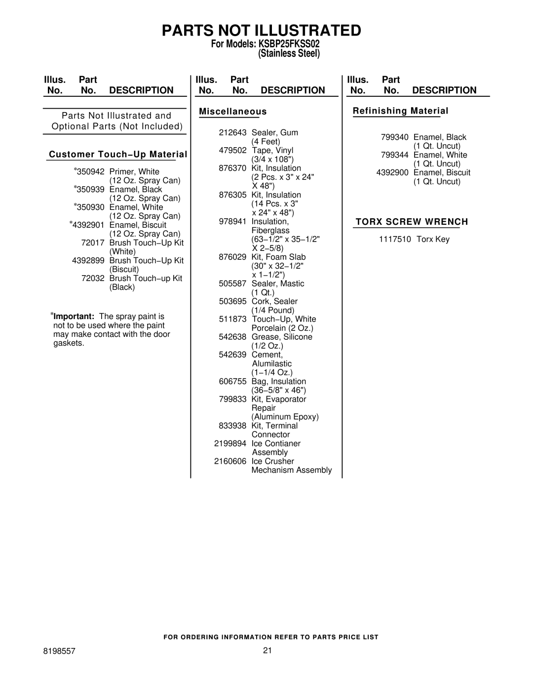 KitchenAid KSBP25FKSS02 manual Parts not Illustrated, Customer Touch−Up Material 