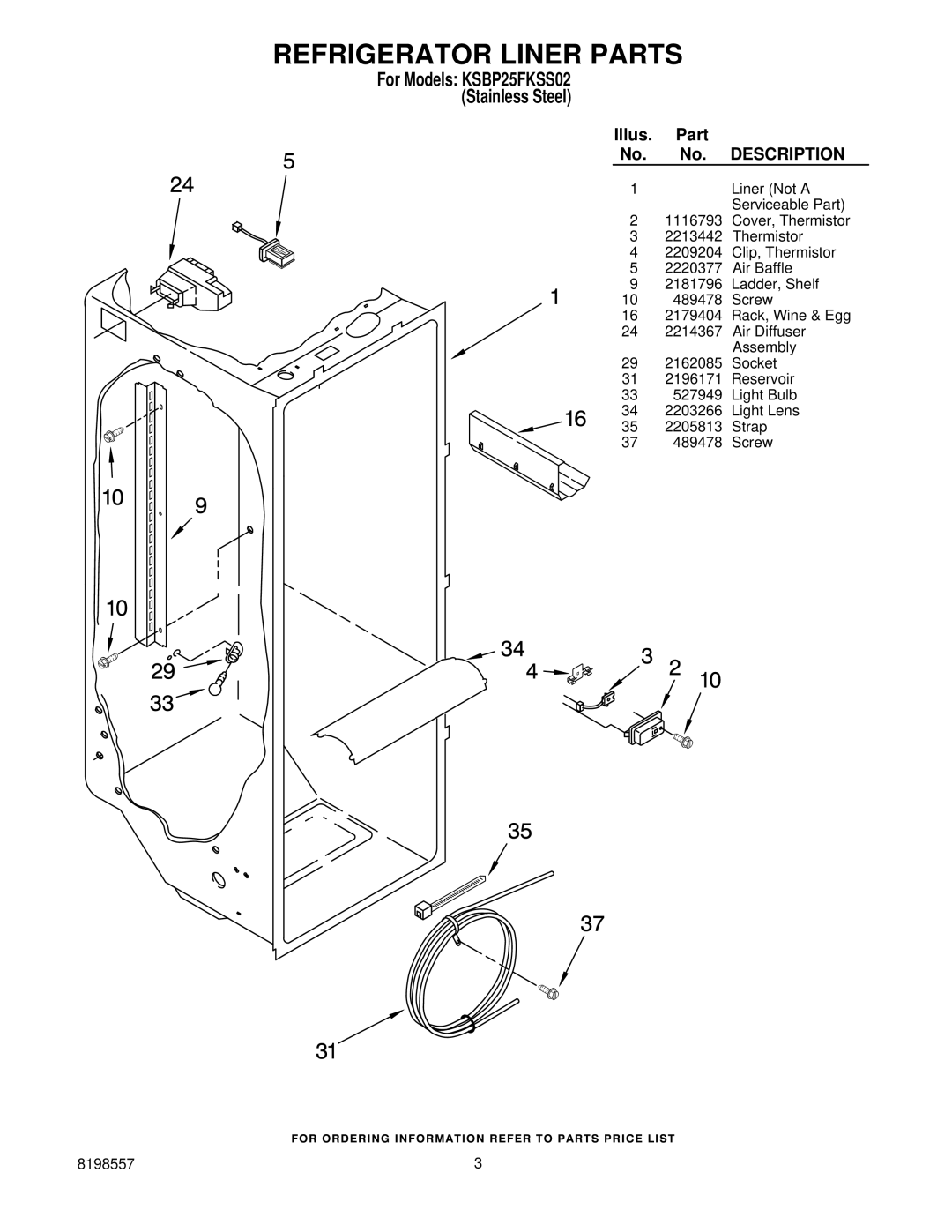 KitchenAid manual Refrigerator Liner Parts, For Models KSBP25FKSS02 Stainless Steel 