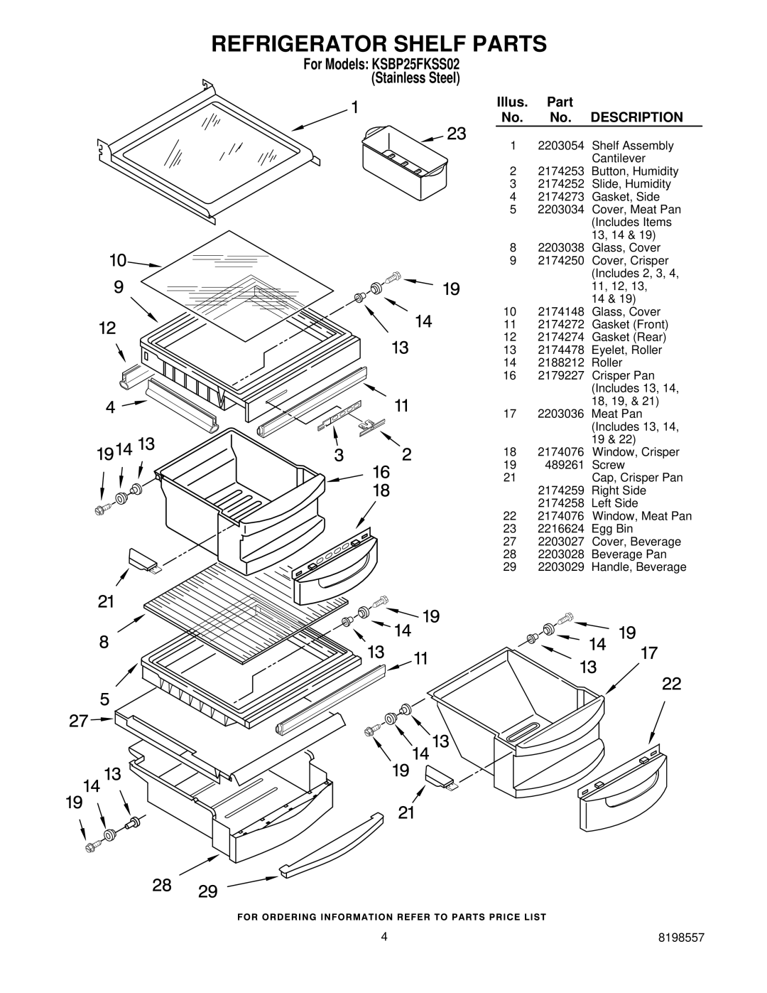 KitchenAid KSBP25FKSS02 manual Refrigerator Shelf Parts 