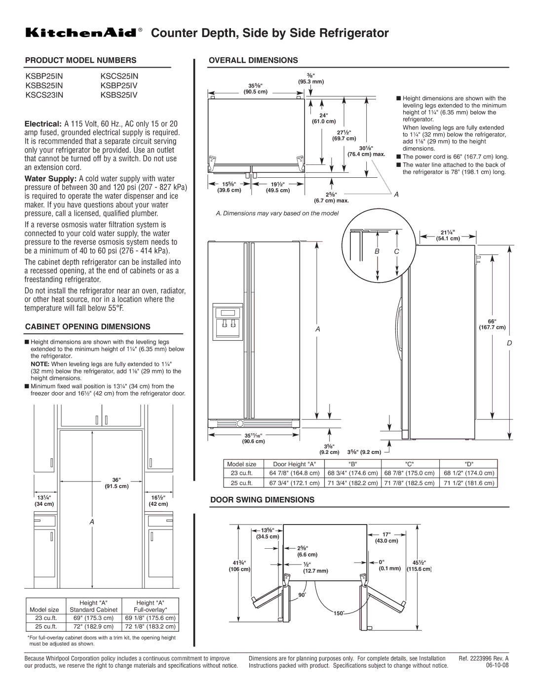 KitchenAid KSBS25IN dimensions Product Model Numbers Overall Dimensions, Cabinet Opening Dimensions, Door Swing Dimensions 