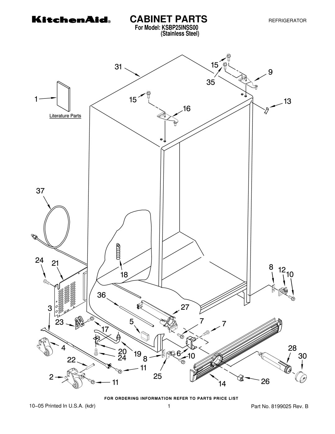 KitchenAid KSBP25INSS00 manual Cabinet Parts 