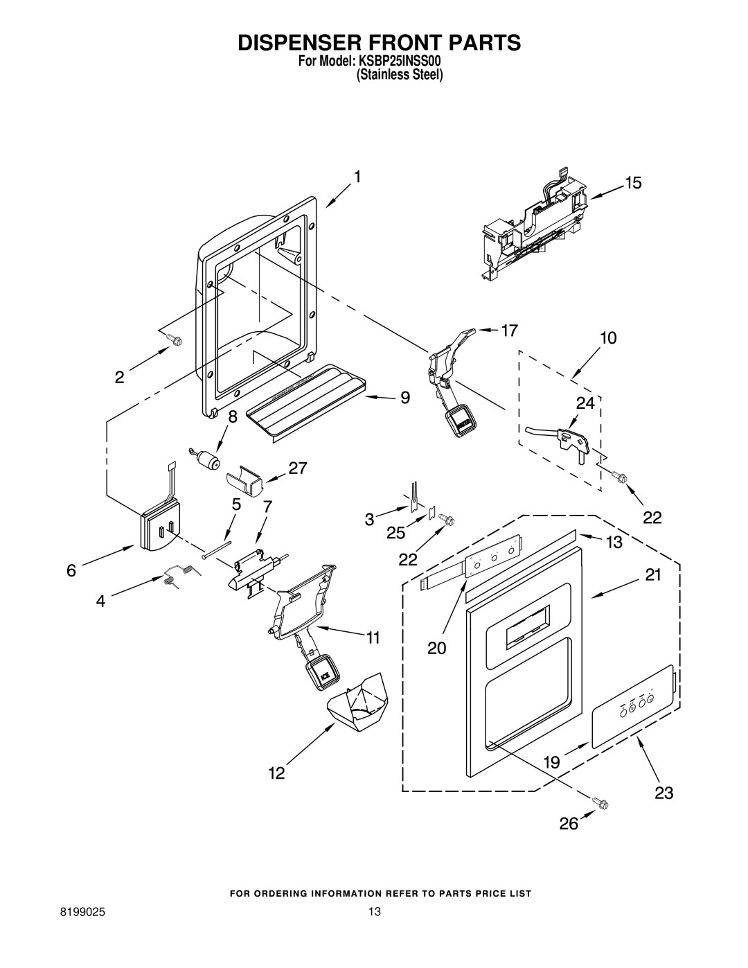 KitchenAid KSBP25INSS00 manual Dispenser Front Parts 